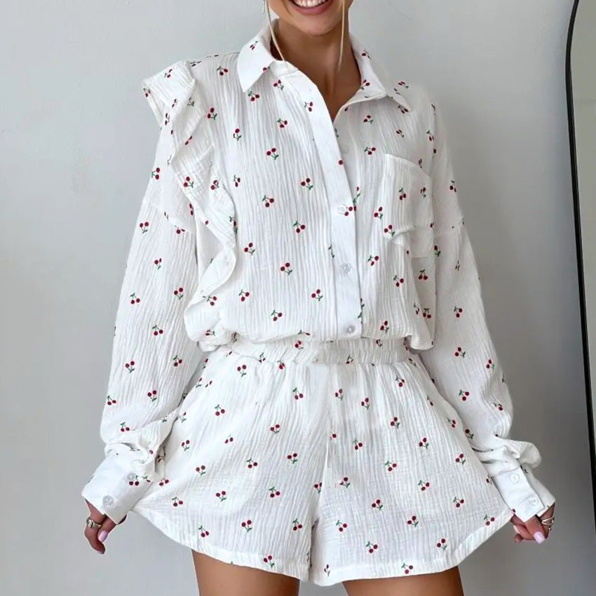 Pure Cotton Printed Cardigan Ruffled top & Short