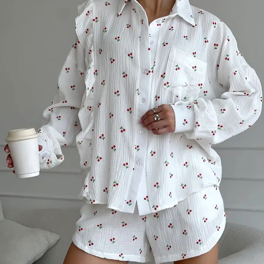 Pure Cotton Printed Cardigan Ruffled top & Short