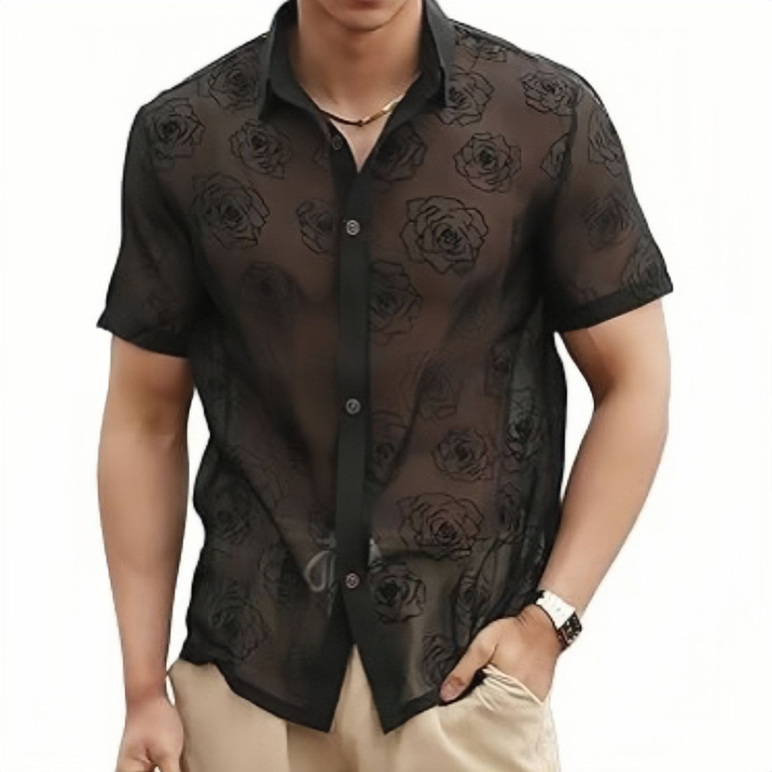 Men's Rose Flower Mesh  Button shirt