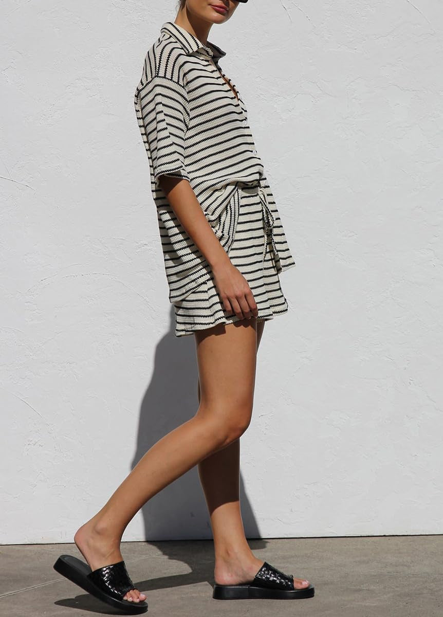 Summer Waffle Striped Two Piece Set