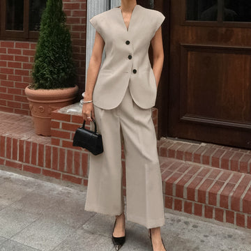 V-neck Sleeveless Vest High Waist Pants Suit