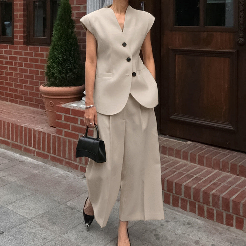 V-neck Sleeveless Vest High Waist Pants Suit